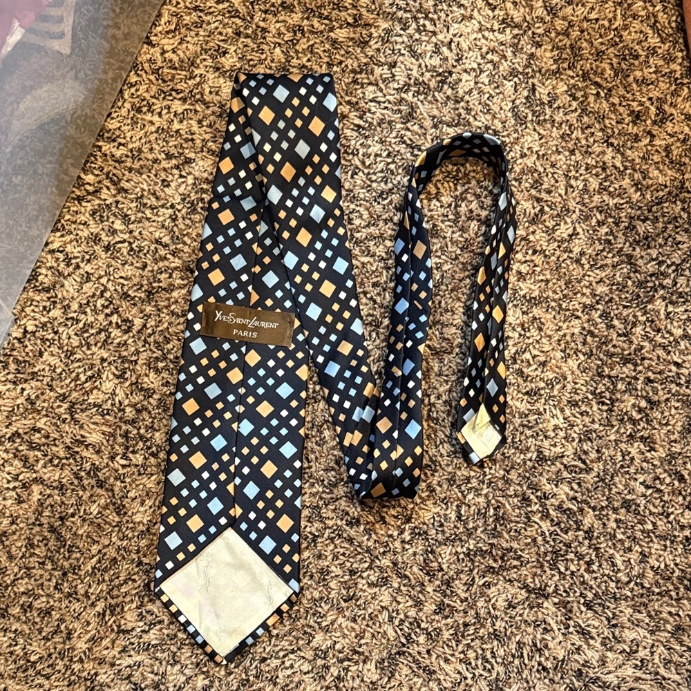 Yves Saint Laurent Black Silk Tie with Blue and Tan Diamond Pattern